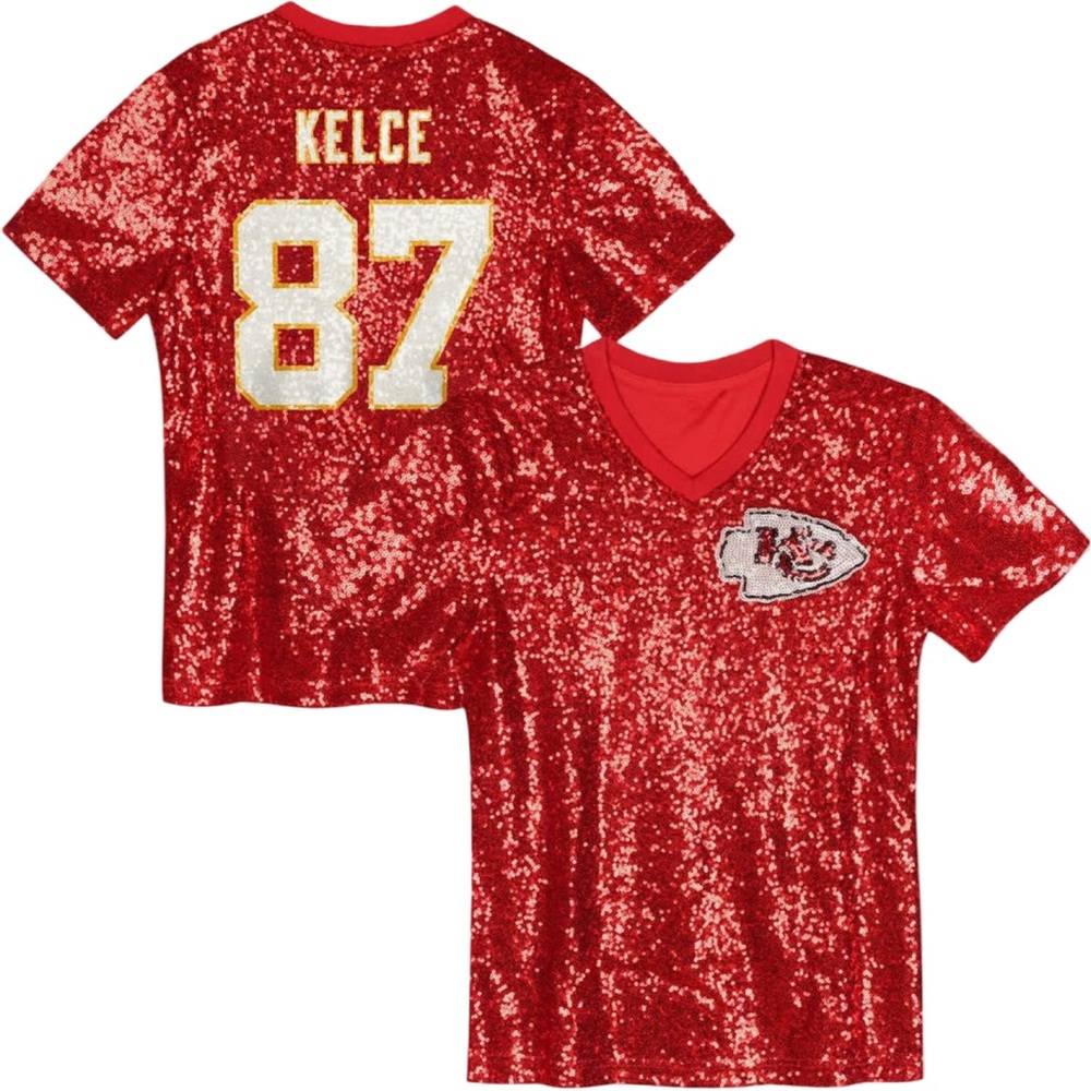 NFL Juniors Women Red Sequin Kansas City Chiefs Kelce Jersey NWOT Size Large